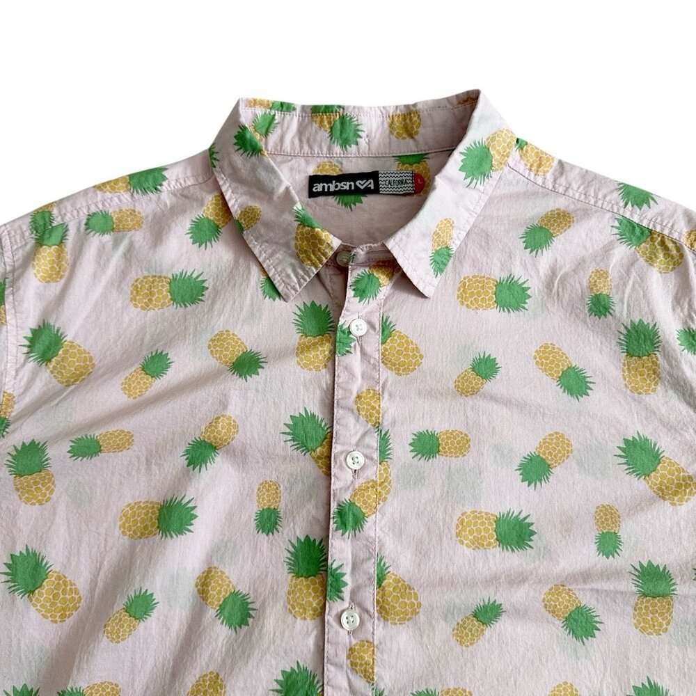Ambsn California Pineapple Express Shirt Pink Mens Large Short Sleeve Button Up‎